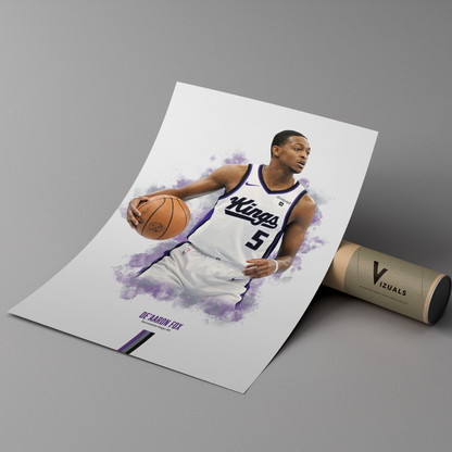 poster mockup of basketball player de'aaron fox leaning on a cardboard tube