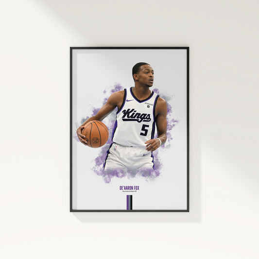 framed poster mockup of basketball player de'aaron fox hanging on a white wall