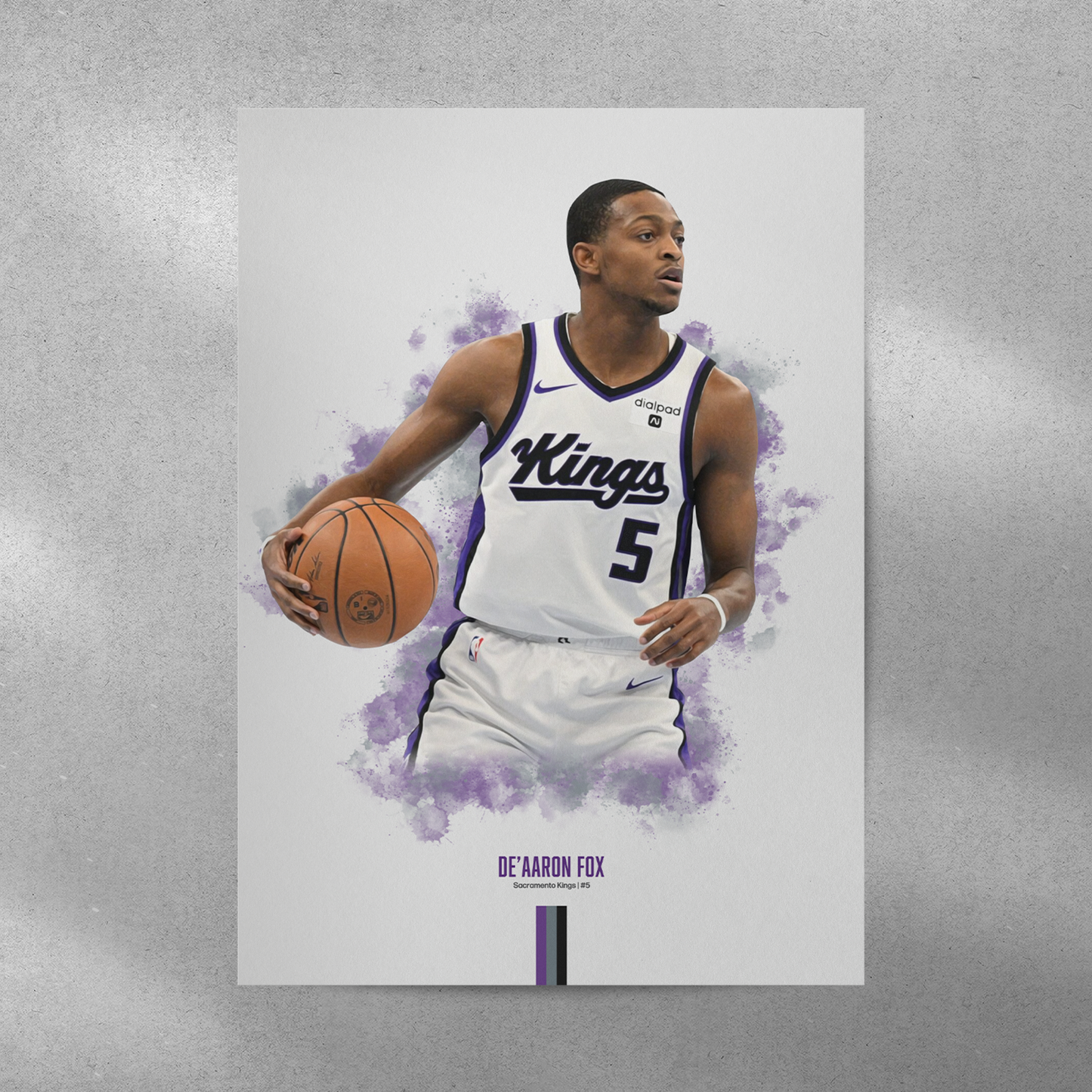 poster mockup of basketball player de'aaron fox on a grey wall