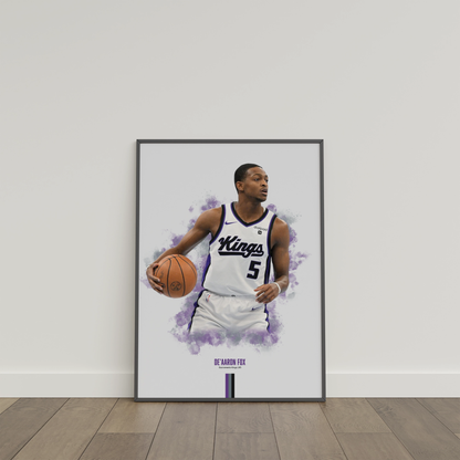 framed poster mockup of basketball player de'aaron fox leaning on a white wall