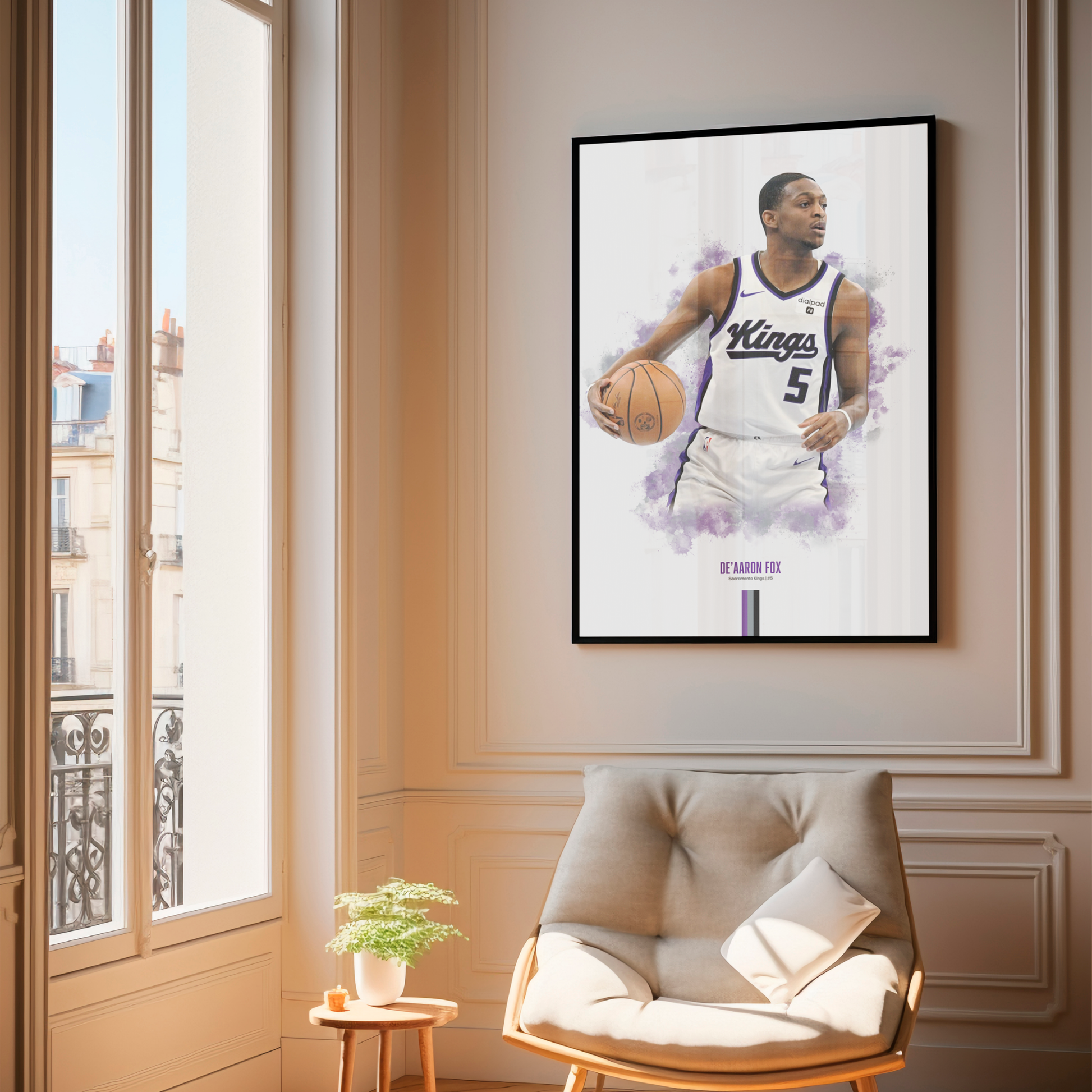 framed poster mockup of basketball player de'aaron fox hanging in a living room