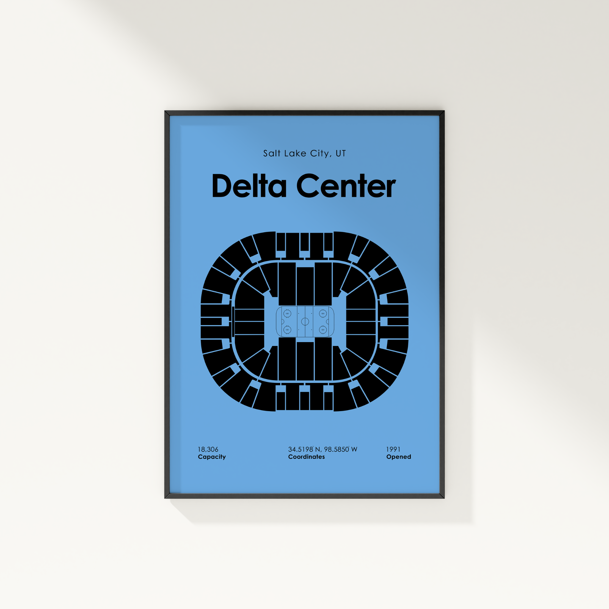 Framed poster of Delta Center seating chart on a blue background