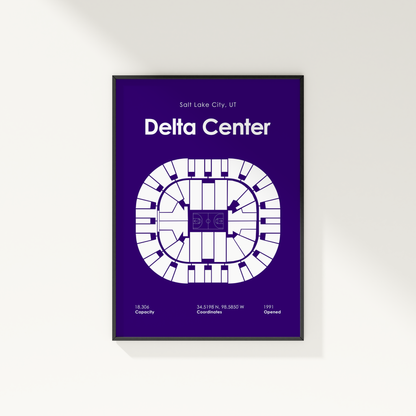 Framed poster of Delta Center layout with text on a white wall