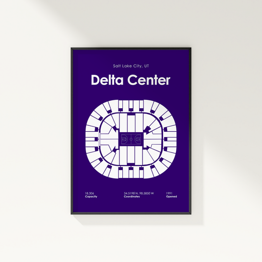 Framed poster of Delta Center layout with text on a white wall