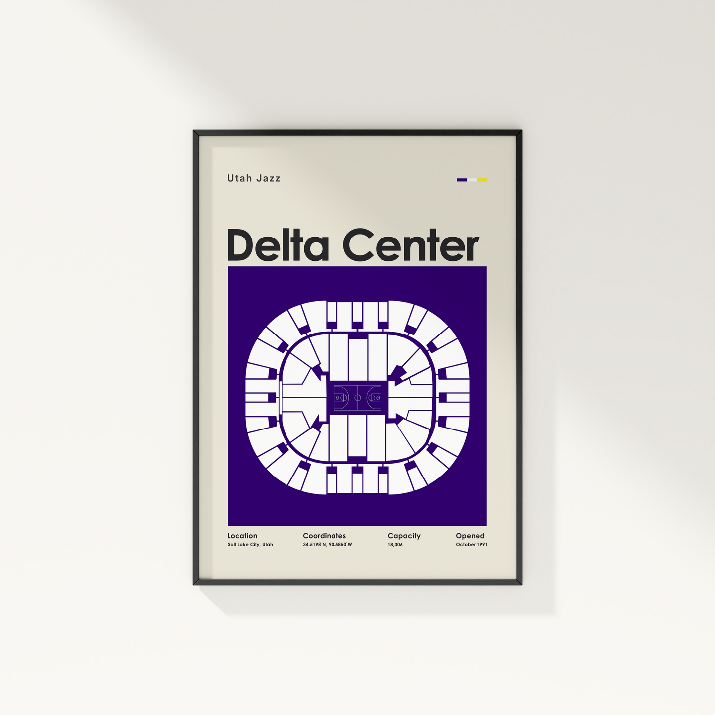 Framed poster of Delta Center layout with Utah Jazz branding on a white wall.