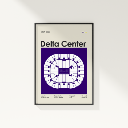 Framed poster of Delta Center layout with Utah Jazz branding on a white wall.