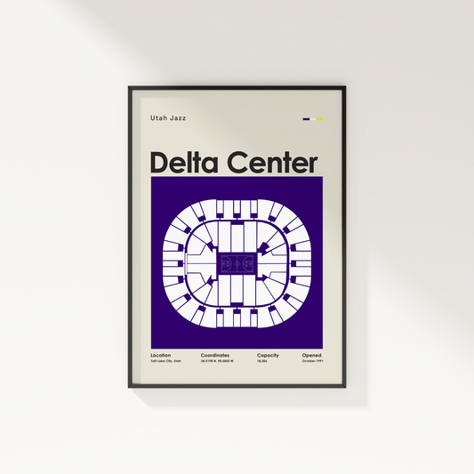Framed poster of Delta Center layout with Utah Jazz branding on a white wall.