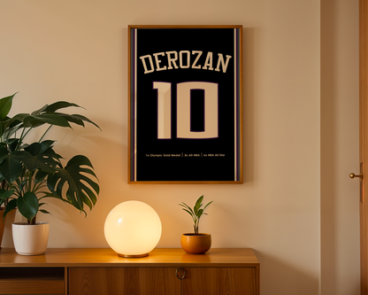 Framed jersey with 'DEROZAN 10' on a wall above a wooden cabinet with decorative items.