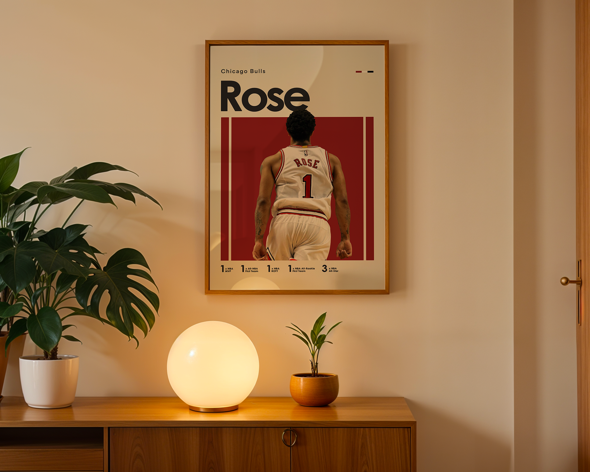 Framed poster of a basketball player with 'Rose' on a wall above a wooden cabinet with decorative items.