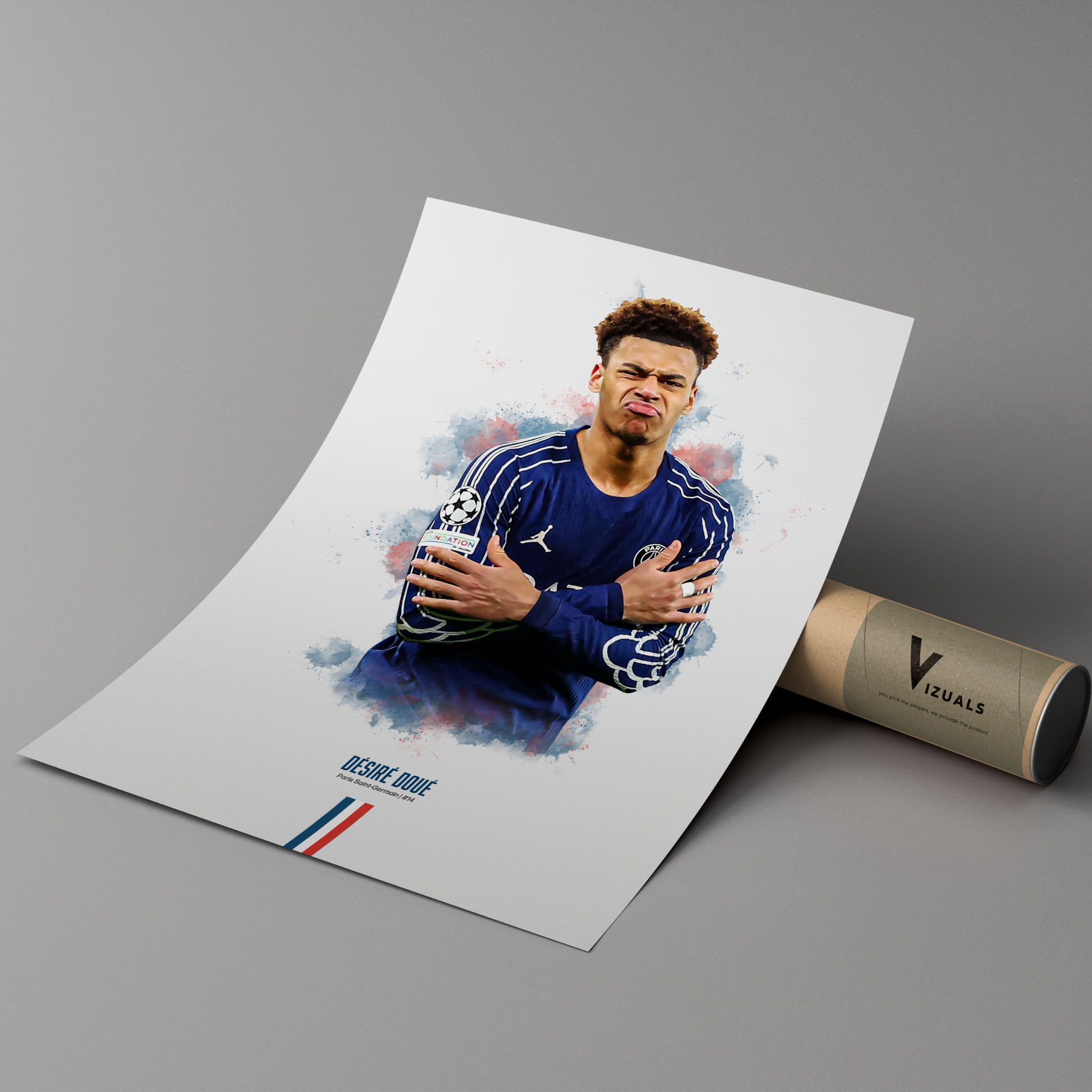 Poster print of soccer player Desire Doue, wearing a PSG jersey, on a cardboard tube with 'Vizuals' branding.