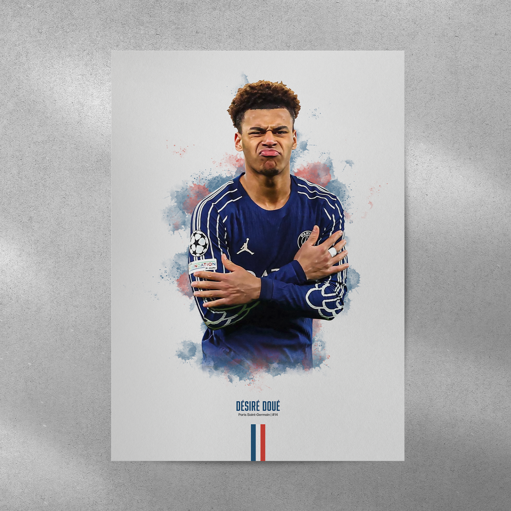 Poster print of soccer player Desire Doue, wearing a PSG jersey, on a gray background.