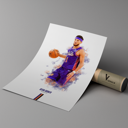 poster mockup of basketball player devin booker leaning on a cardboard tube