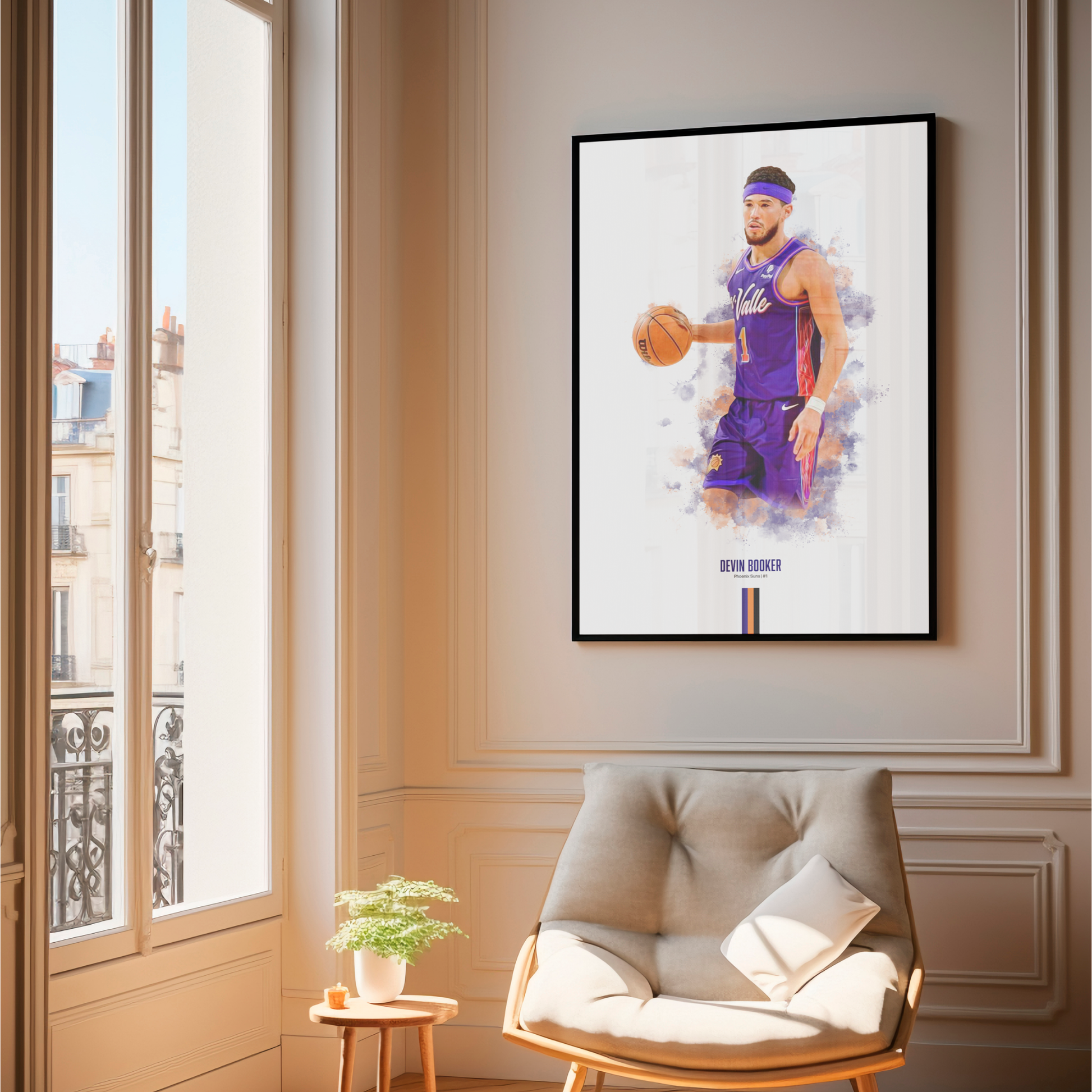 framed poster mockup of basketball player devin booker hanging in a living room