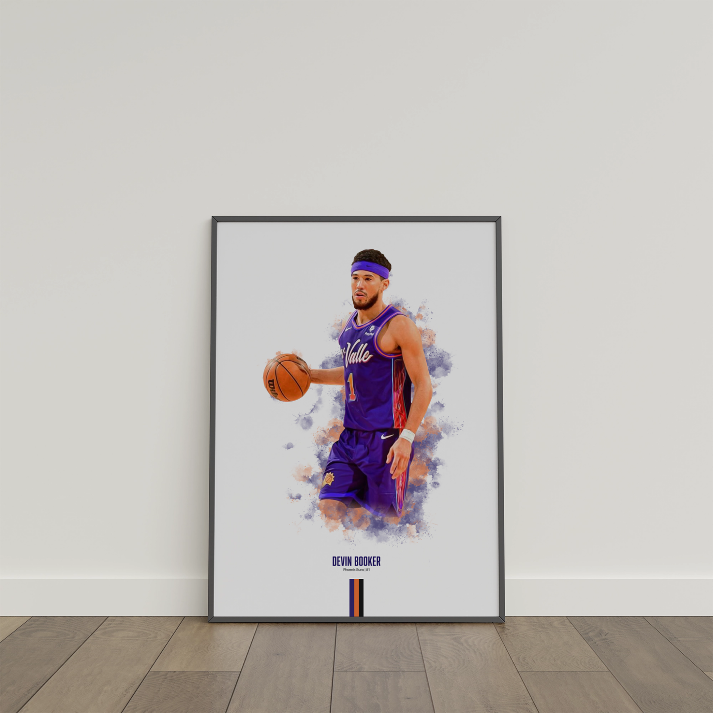 framed poster mockup of basketball player devin booker leaning on a white wall