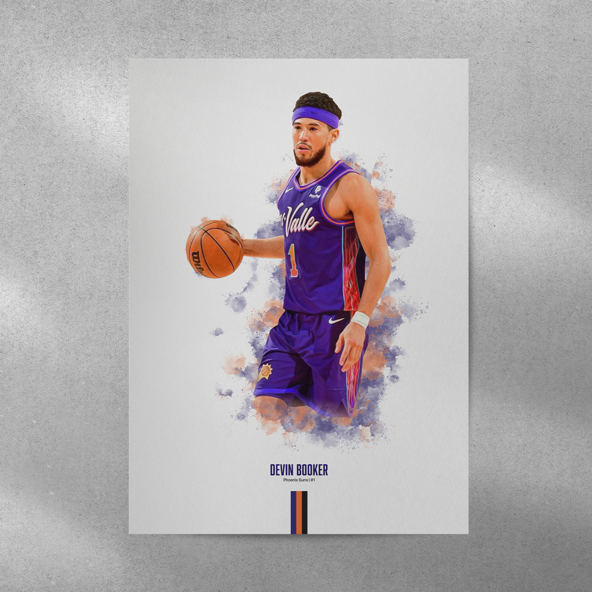 poster mockup of basketball player devin booker on a grey wall