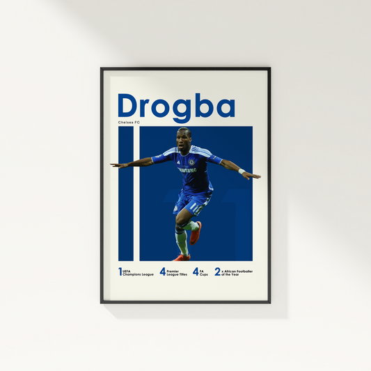 framed poster mockup of soccer player didier drogba hanging on a white wall