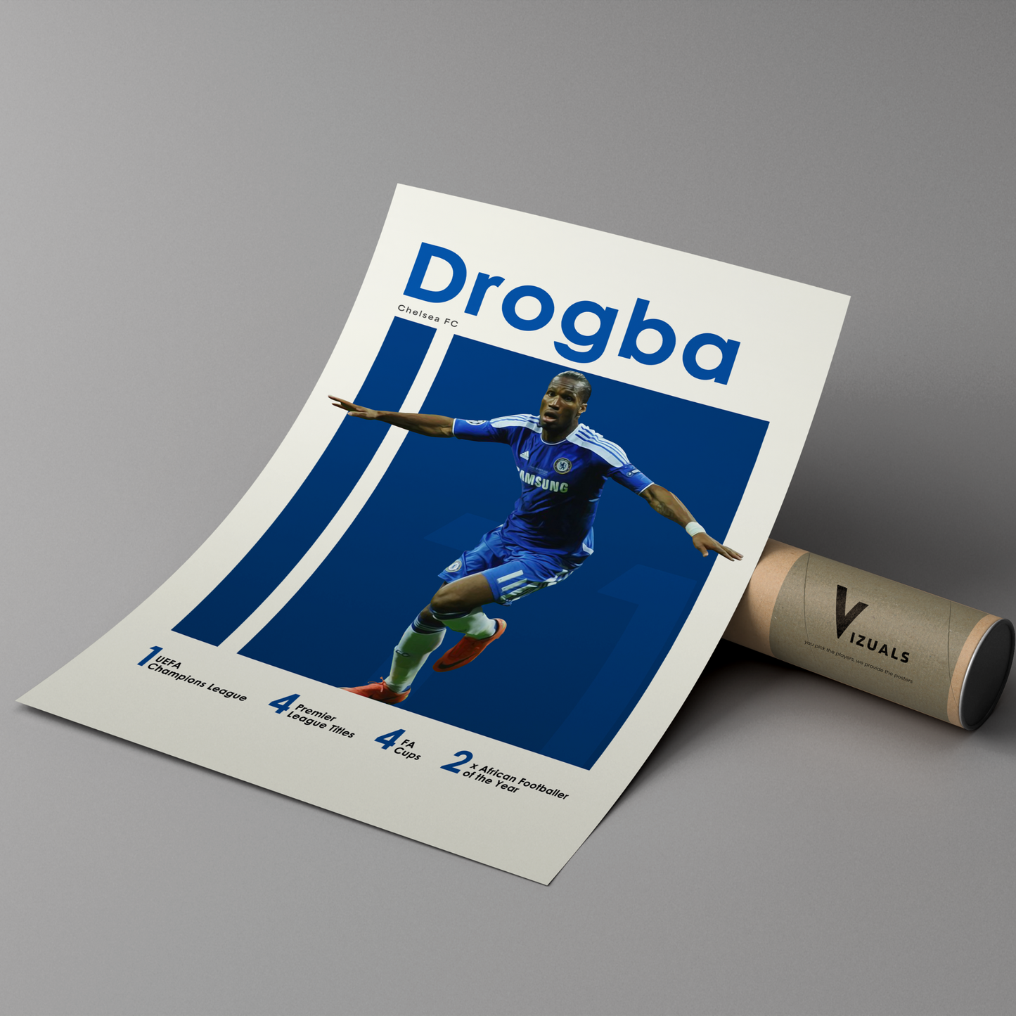 poster mockup of soccer player didier drogba leaning on a cardboard tube