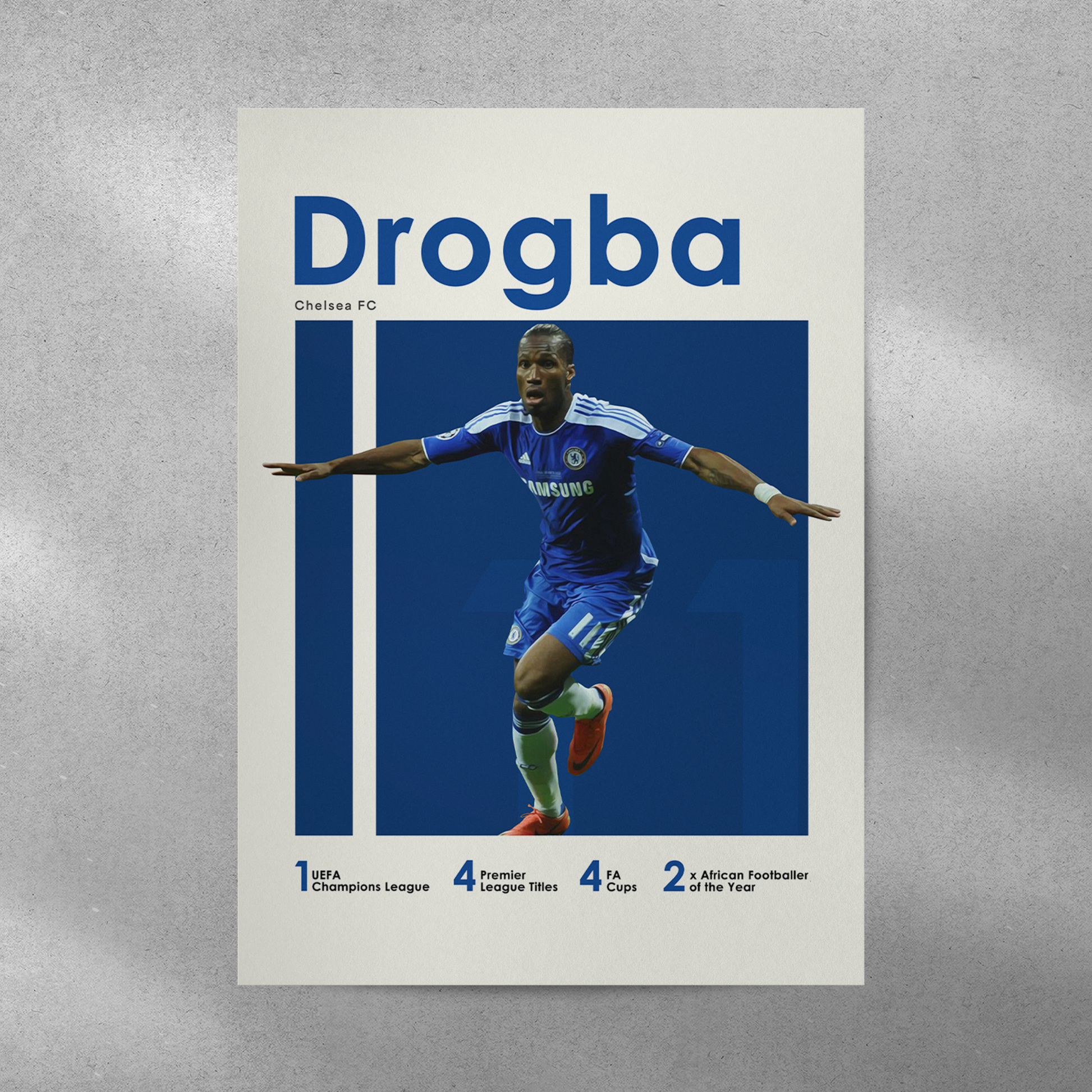 poster mockup of soccer player didier drogba on a grey wall