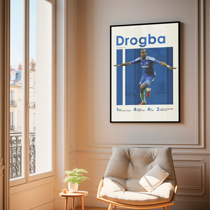 framed poster mockup of soccer player didier drogba hanging in a living room