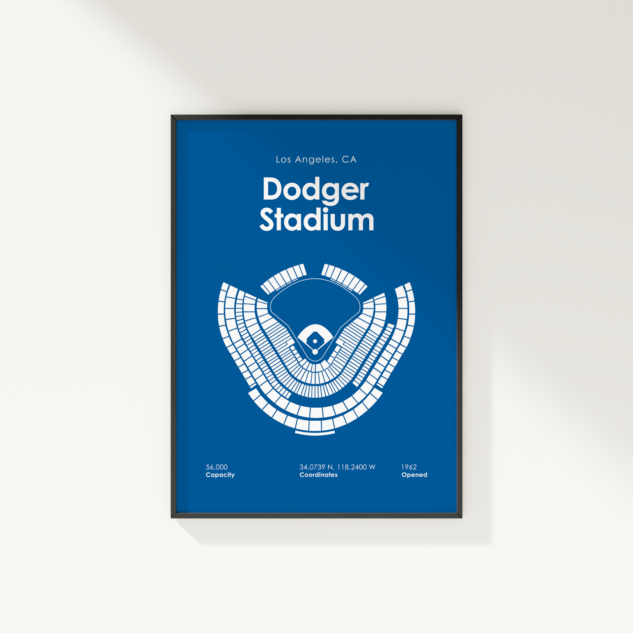 Framed poster of Dodger Stadium layout with blue background and white text.