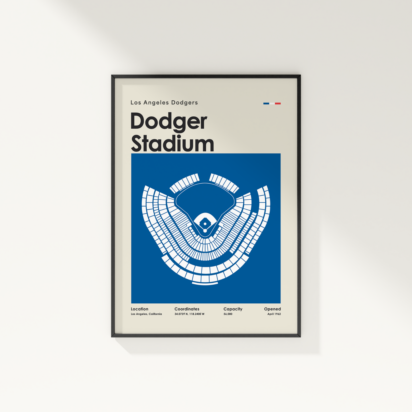 Framed poster of Dodger Stadium with blue and white design on a light gray background