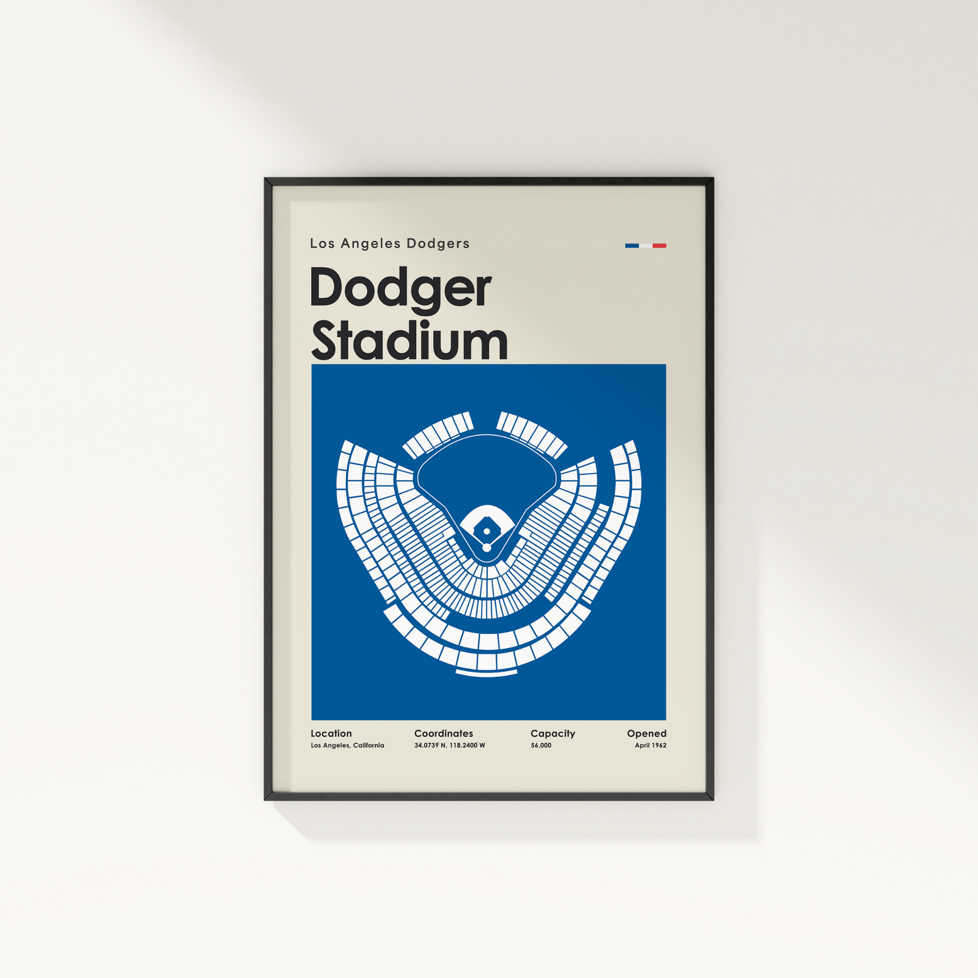 Framed poster of Dodger Stadium with blue and white design on a light gray background