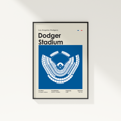 Framed poster of Dodger Stadium with blue and white design on a light gray background