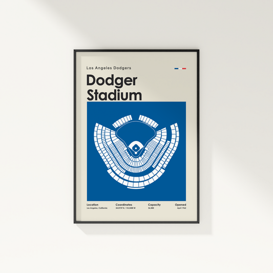Framed poster of Dodger Stadium with blue and white design on a light gray background