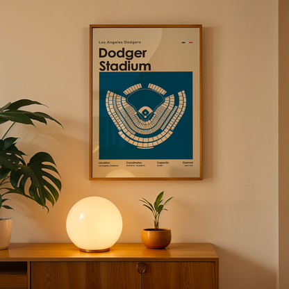Framed poster of Dodger Stadium on a wall above a wooden cabinet with decorative items.