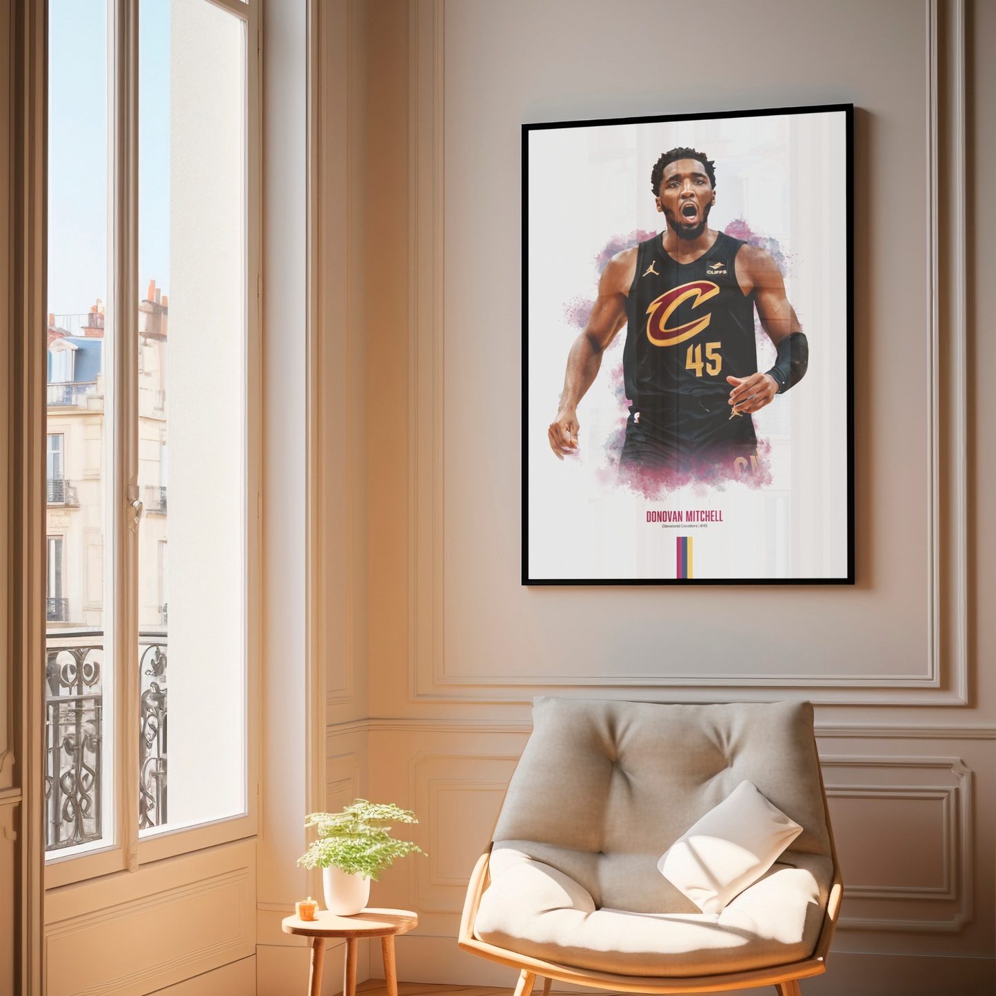 framed poster mockup of basketball player donovan mitchell hanging in a living room