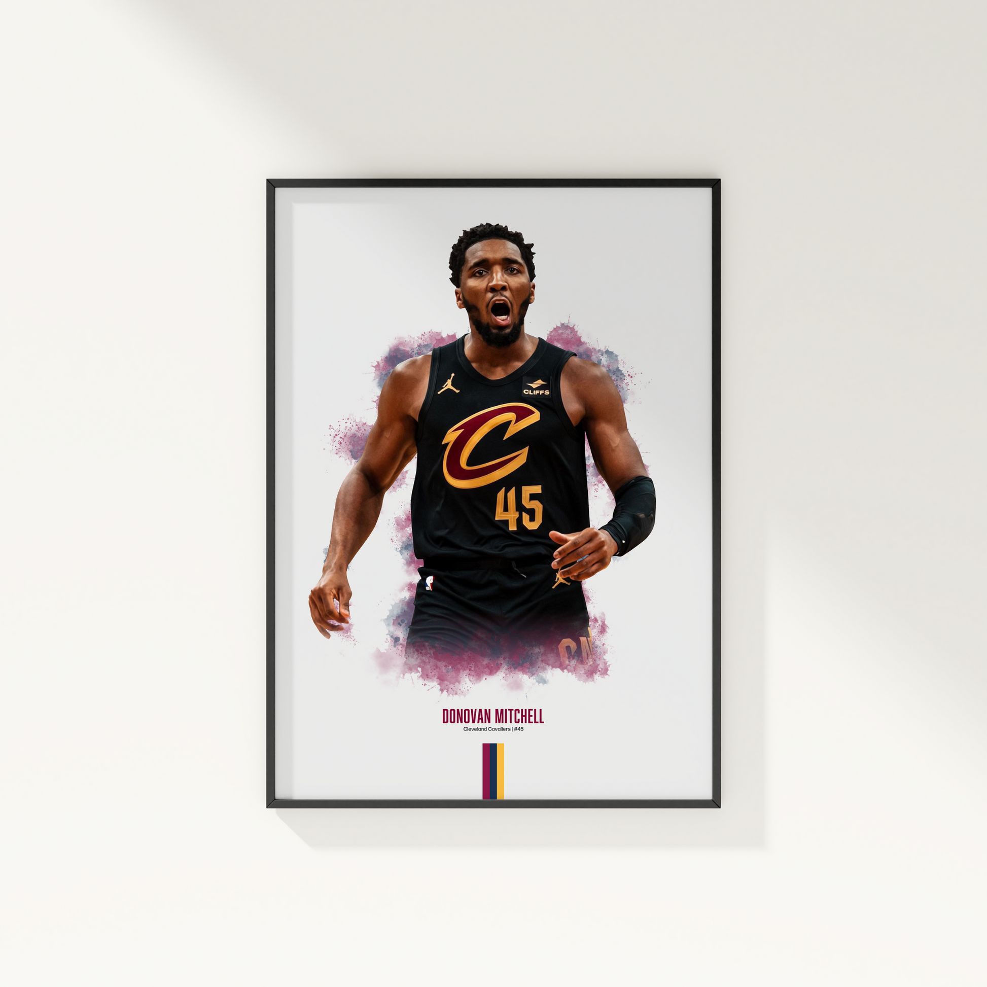 framed poster mockup of basketball player donovan mitchell hanging on a white wall