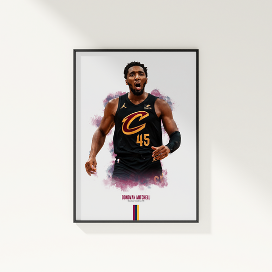 framed poster mockup of basketball player donovan mitchell hanging on a white wall