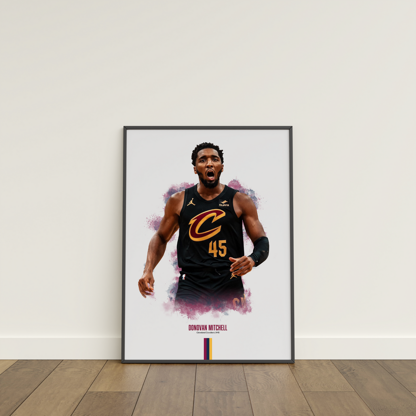 framed poster mockup of basketball player donovan mitchell leaning on a white wall