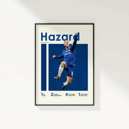 framed poster mockup of soccer player eden hazard hanging on a white wall