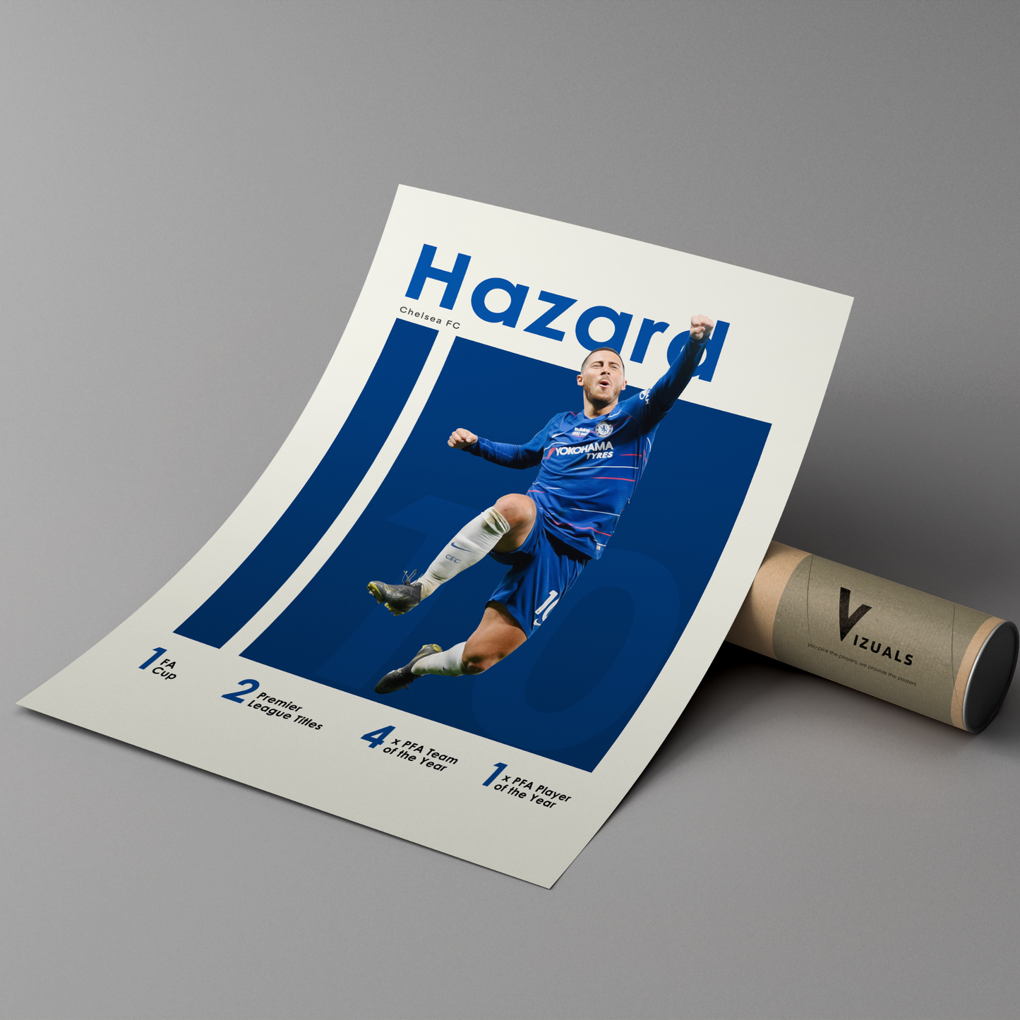 poster mockup of soccer player eden hazard leaning on a protective tube