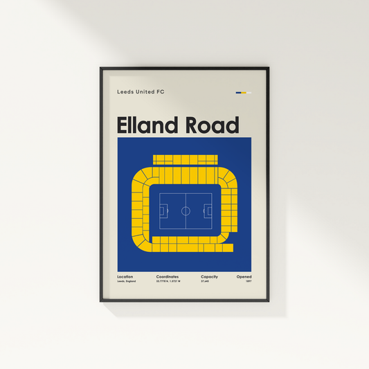 Framed poster of Elland Road stadium with Leeds United FC branding on a white wall.