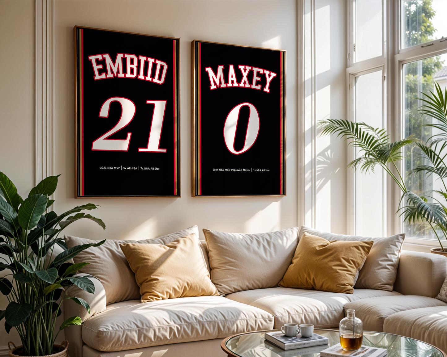 Two framed sports jerseys with names and numbers on a wall above a couch.