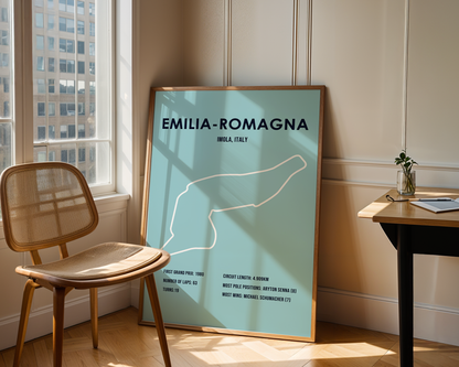 Poster of Emilia-Romagna circuit in a room with a chair and table.