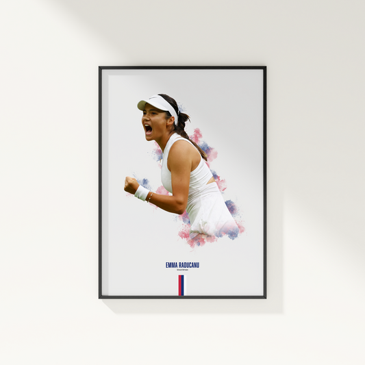 Framed poster of tennis player Emma Raducanu with watercolor accents on a white wall.