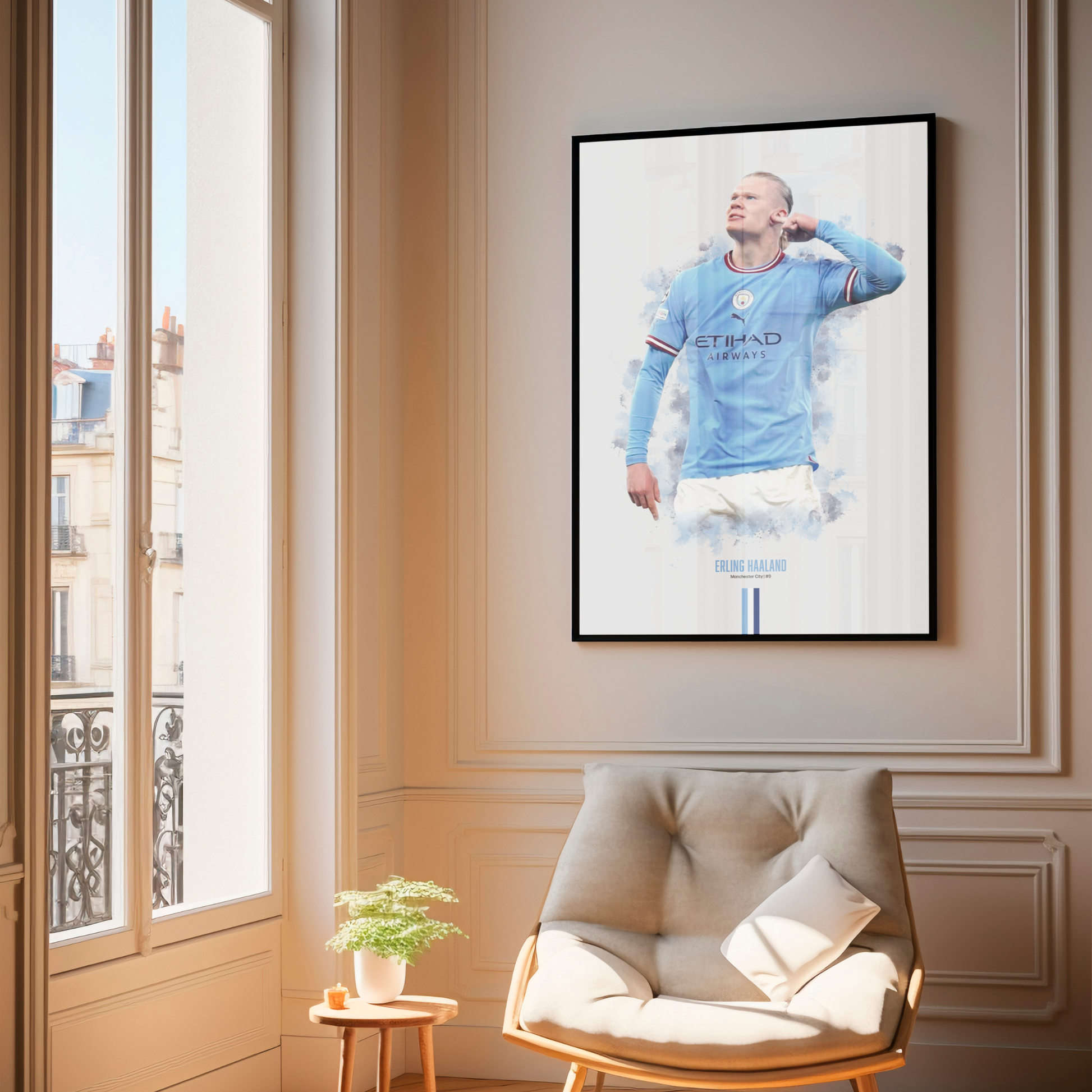 framed poster mockup of soccer player erling haaland hanging in a living room