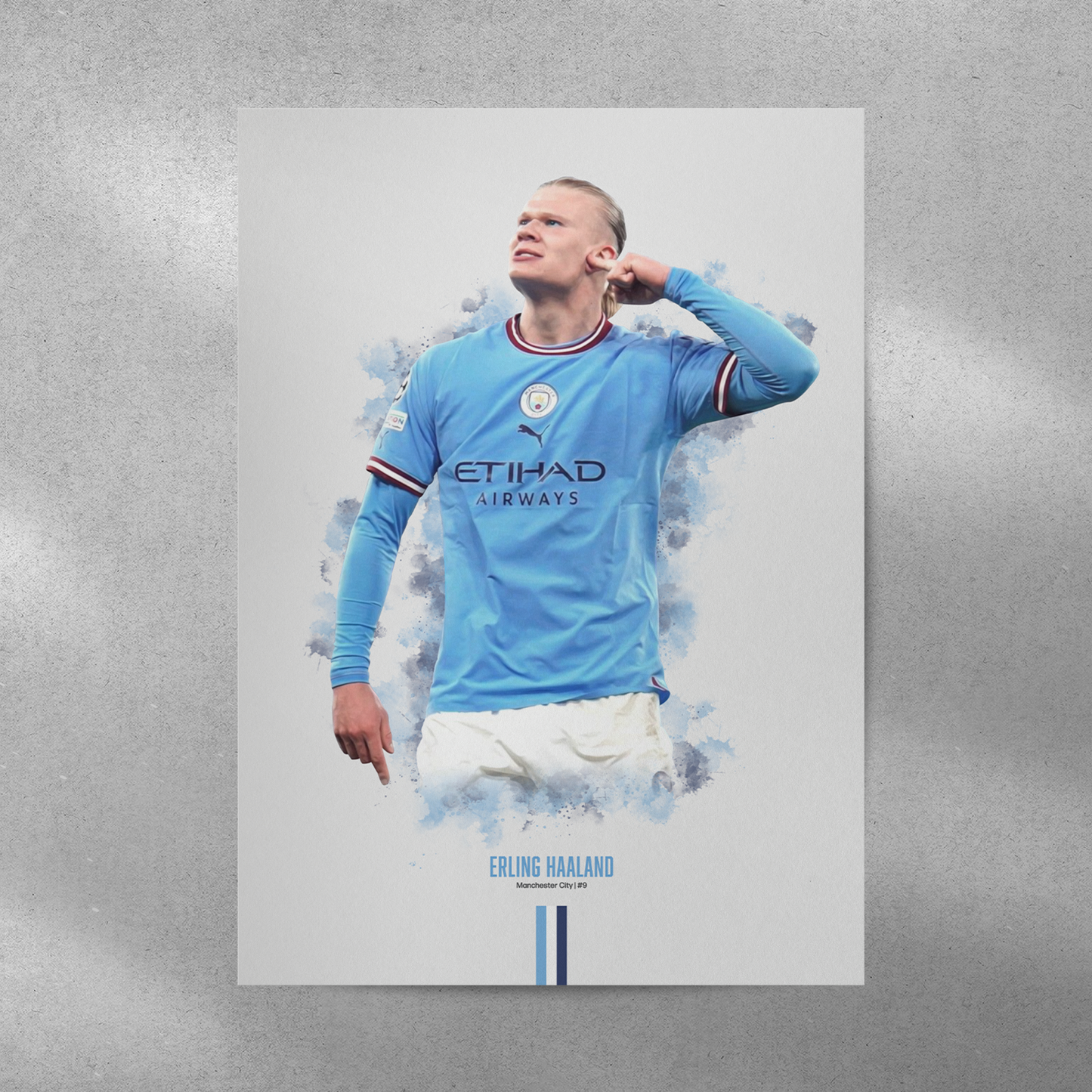 poster mockup of soccer player erling haaland on a grey wall