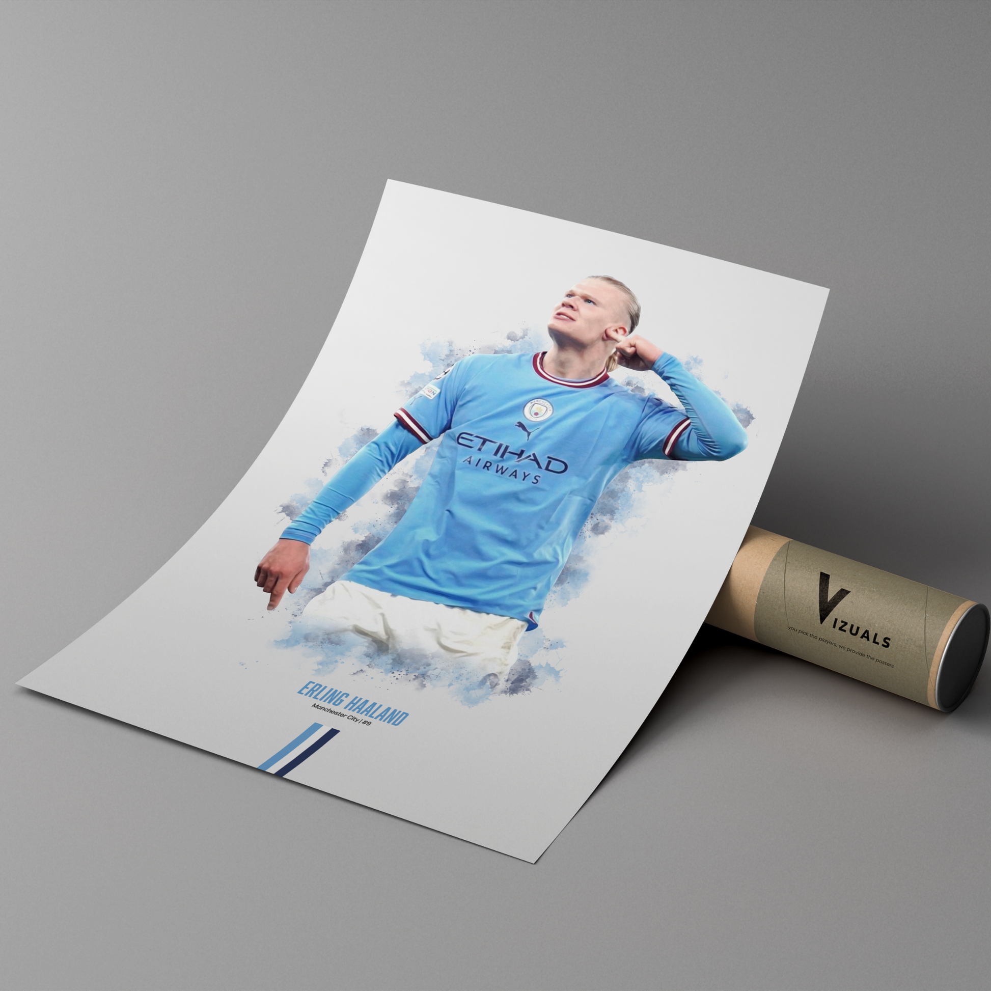 poster mockup of soccer player erling haaland leaning on a cardboard tube