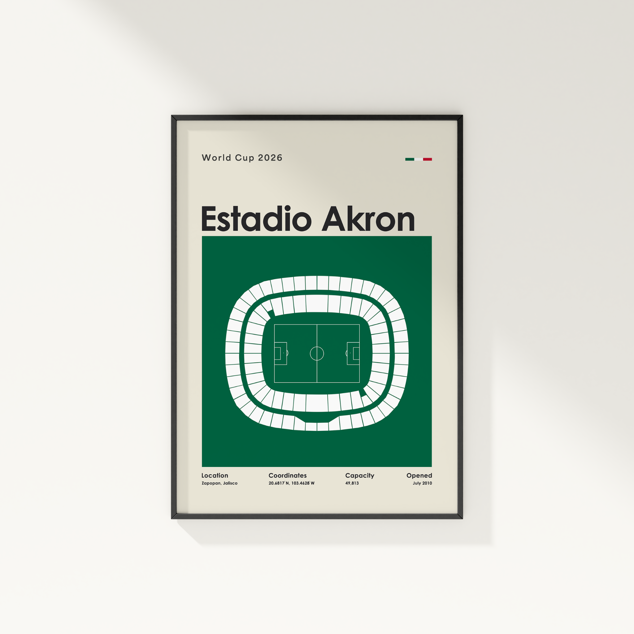 Framed poster of Estadio Akron with a green background and white text on a light gray wall.
