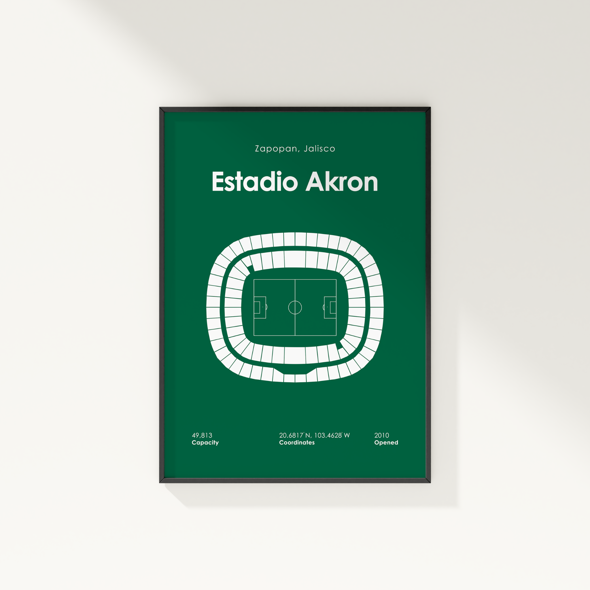 Framed poster of Estadio Akron with green background and white text