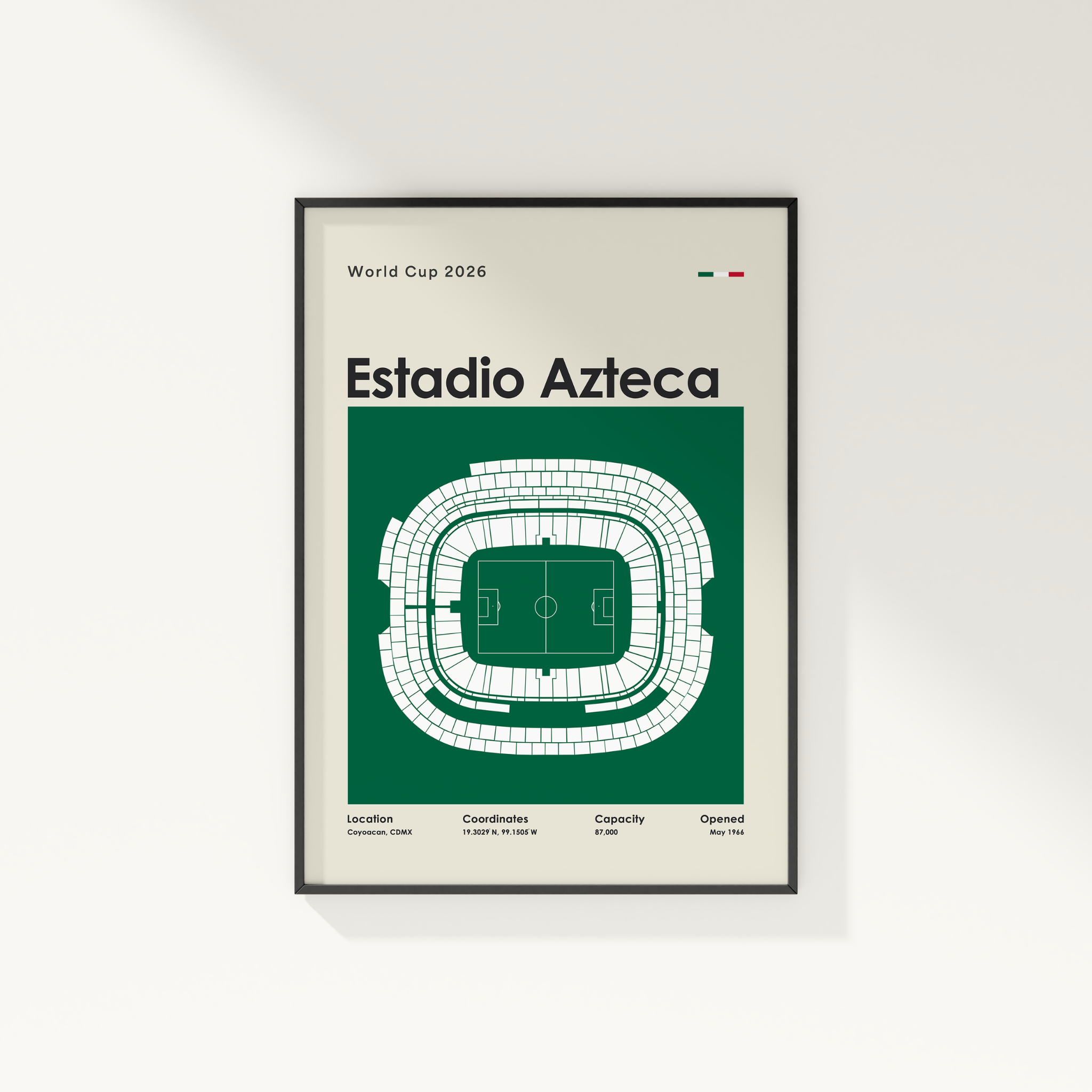 Framed poster of Estadio Azteca with green and white design on a beige background
