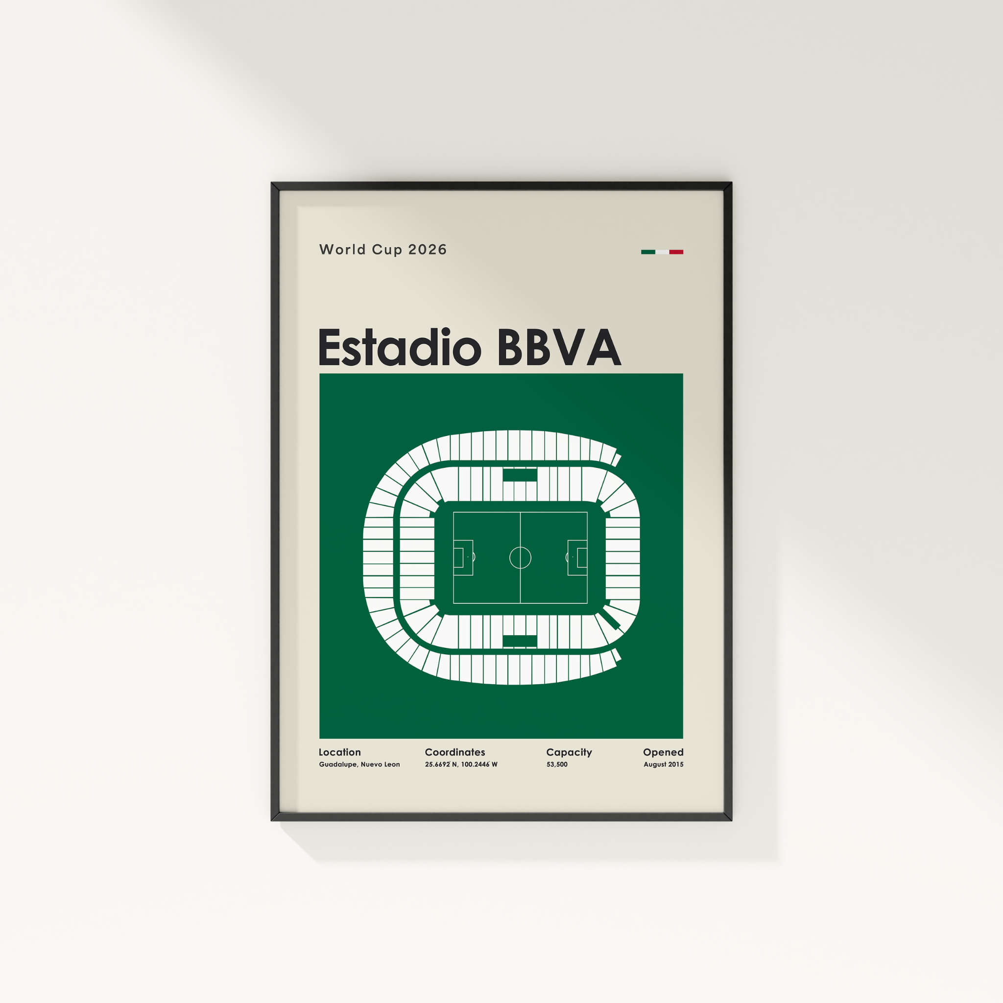 Framed poster of Estadio BBVA with World Cup 2026 text on a white background