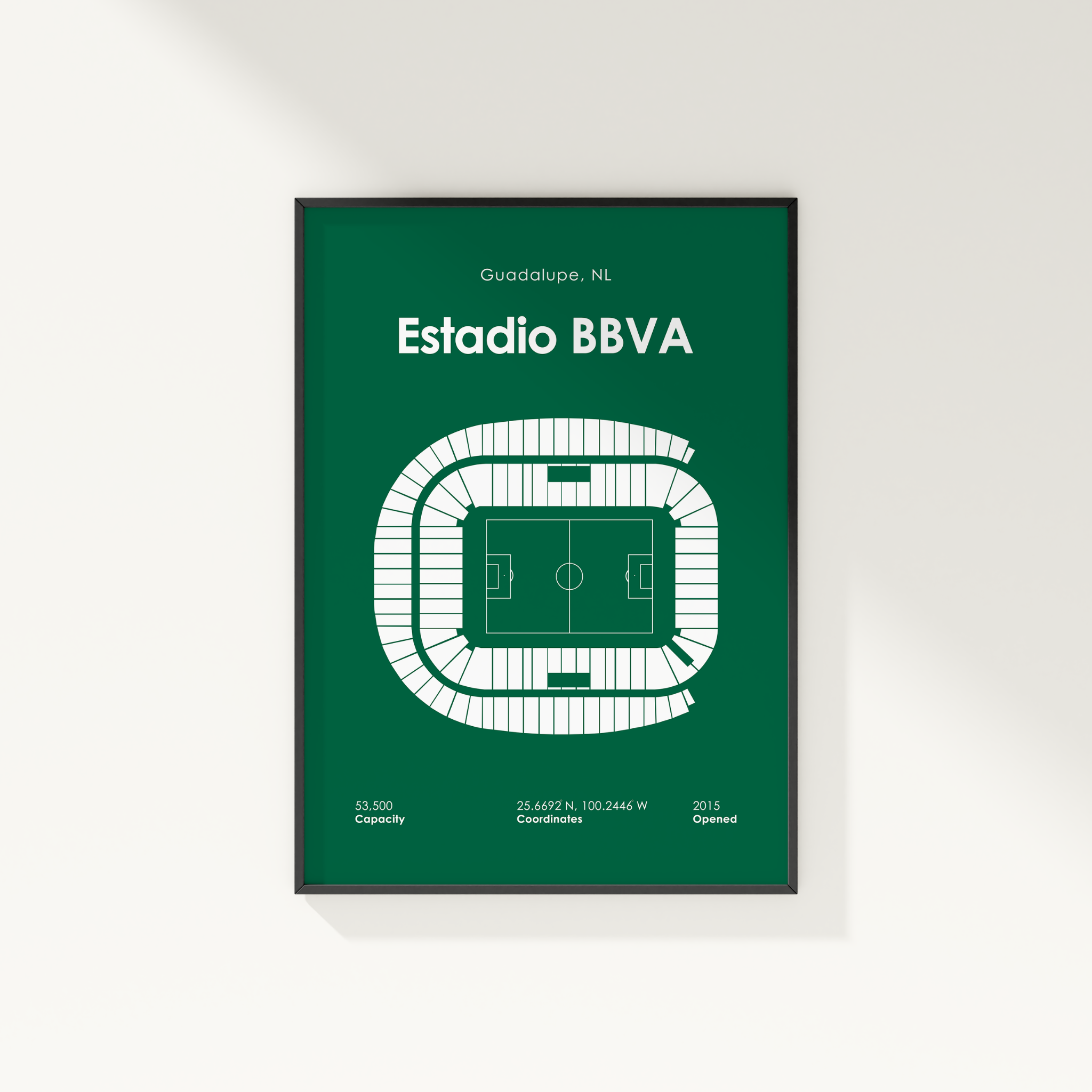 Framed poster of Estadio BBVA with green background and white text