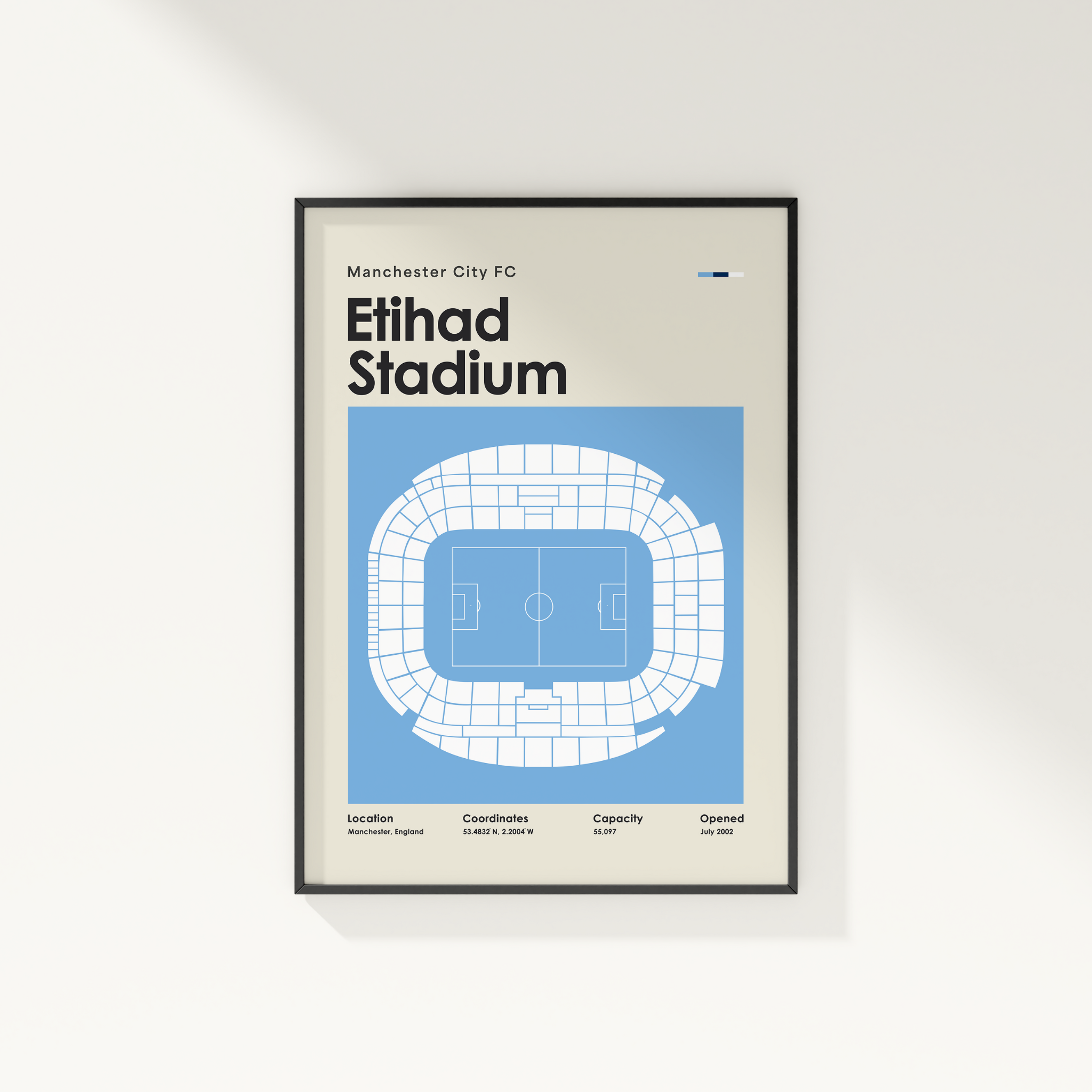 Framed poster of Etihad Stadium layout with Manchester City FC text on a white wall.