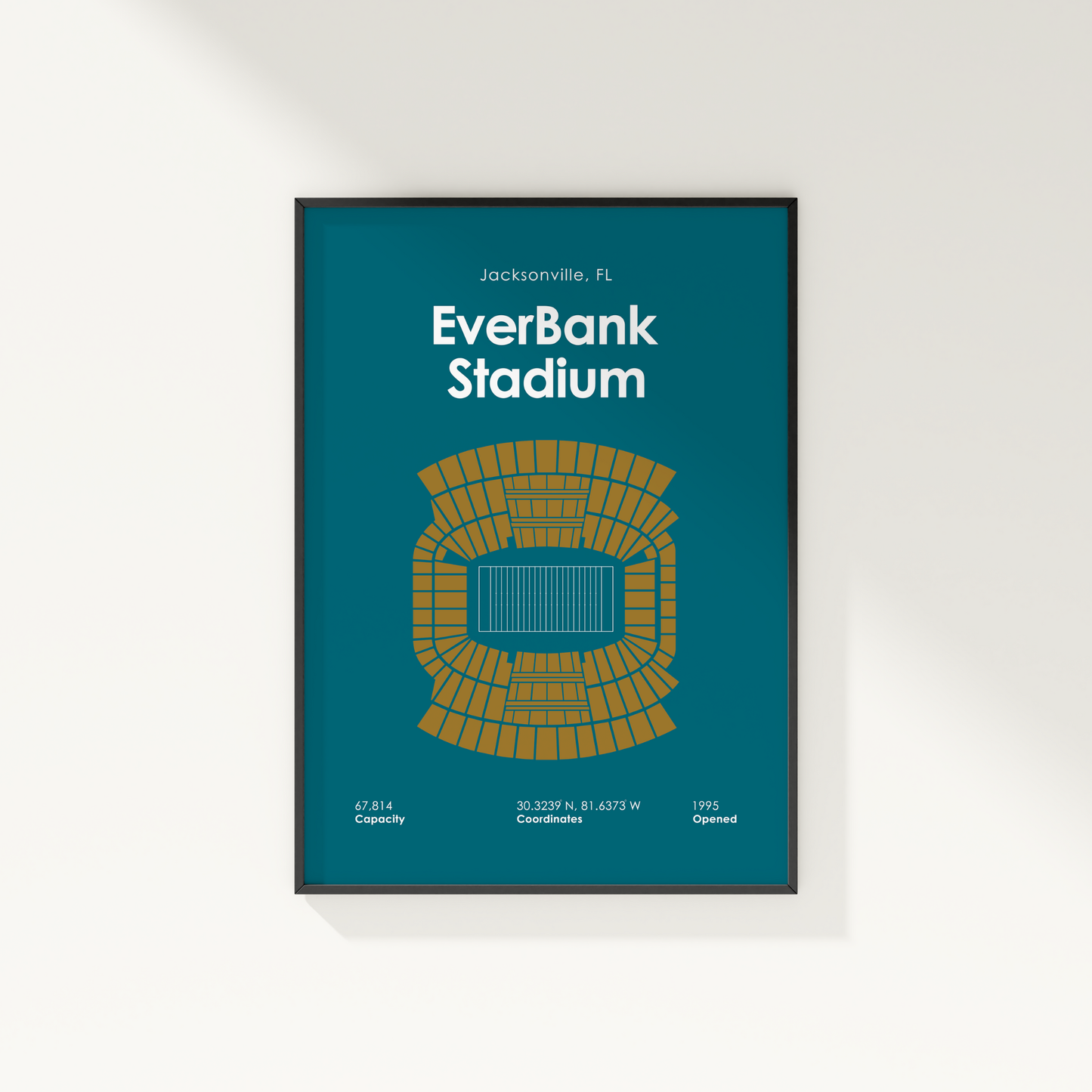 Framed poster of EverBank Stadium with blue background and stadium illustration.