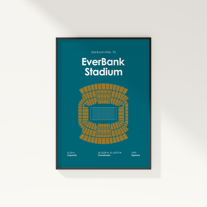 Framed poster of EverBank Stadium with blue background and stadium illustration.